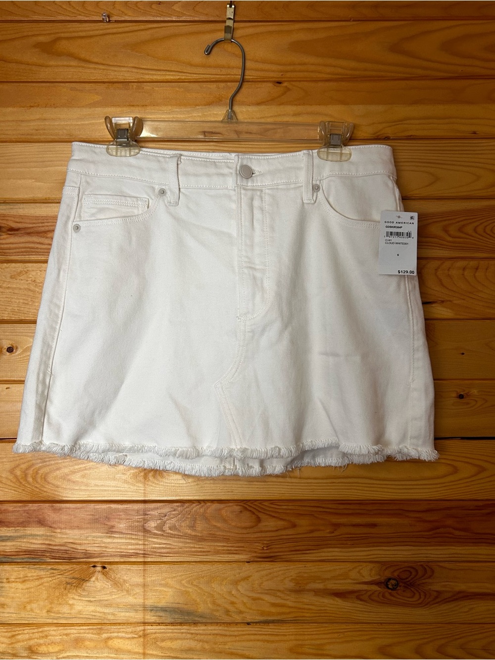 Good American White Denim Mini Skirt with Frayed Hem